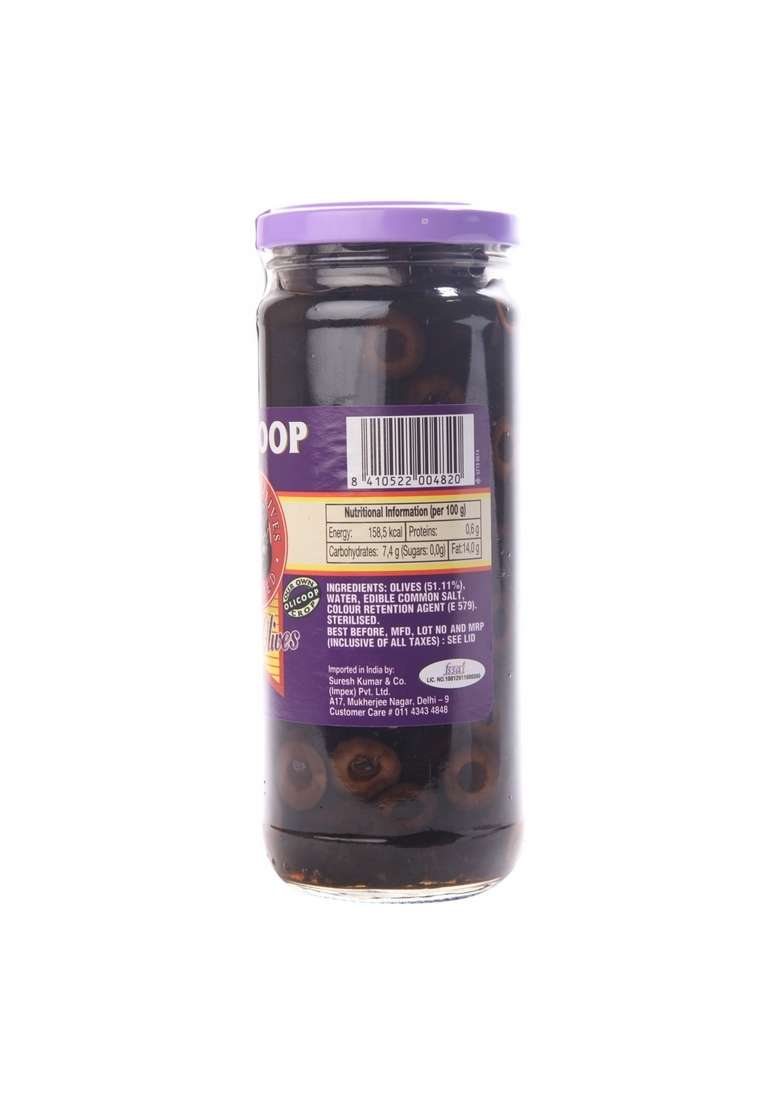 Olicoop Spanish Black Sliced Olives, 450G Jar - Indya