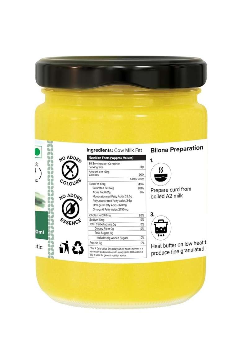 Farm Naturelle - 100% Pure A2 Desi Cow Ghee 500Ml (Glass Bottle) | Traditional Vedic Bilona Method Churned Grassfed Natural And Fresh Cultured Lactose Gluten Free Immunity Booster - Indya