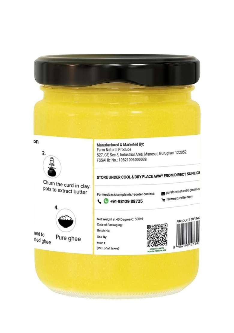 Farm Naturelle - 100% Pure A2 Desi Cow Ghee 500Ml (Glass Bottle) | Traditional Vedic Bilona Method Churned Grassfed Natural And Fresh Cultured Lactose Gluten Free Immunity Booster - Indya
