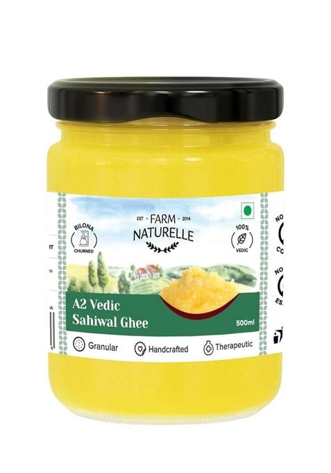Farm Naturelle - 100% Pure A2 Desi Cow Ghee 500Ml (Glass Bottle) | Traditional Vedic Bilona Method Churned Grassfed Natural And Fresh Cultured Lactose Gluten Free Immunity Booster