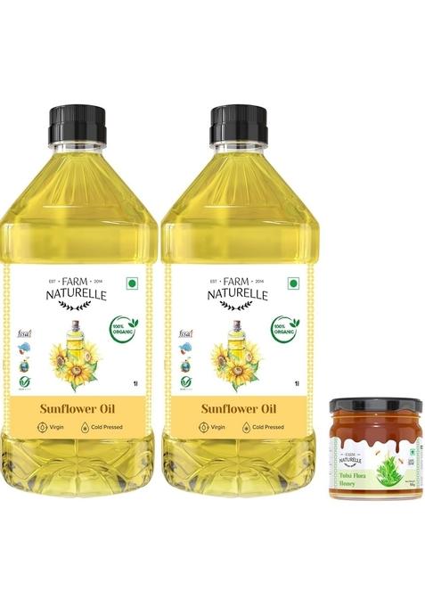Farm Naturelle Organic Virgin Cold Pressed Sunflower Oils - 1 Ltr(Pack Of 2) | Free Forest Raw Honey 55G Single From Handpicked Seeds Oil