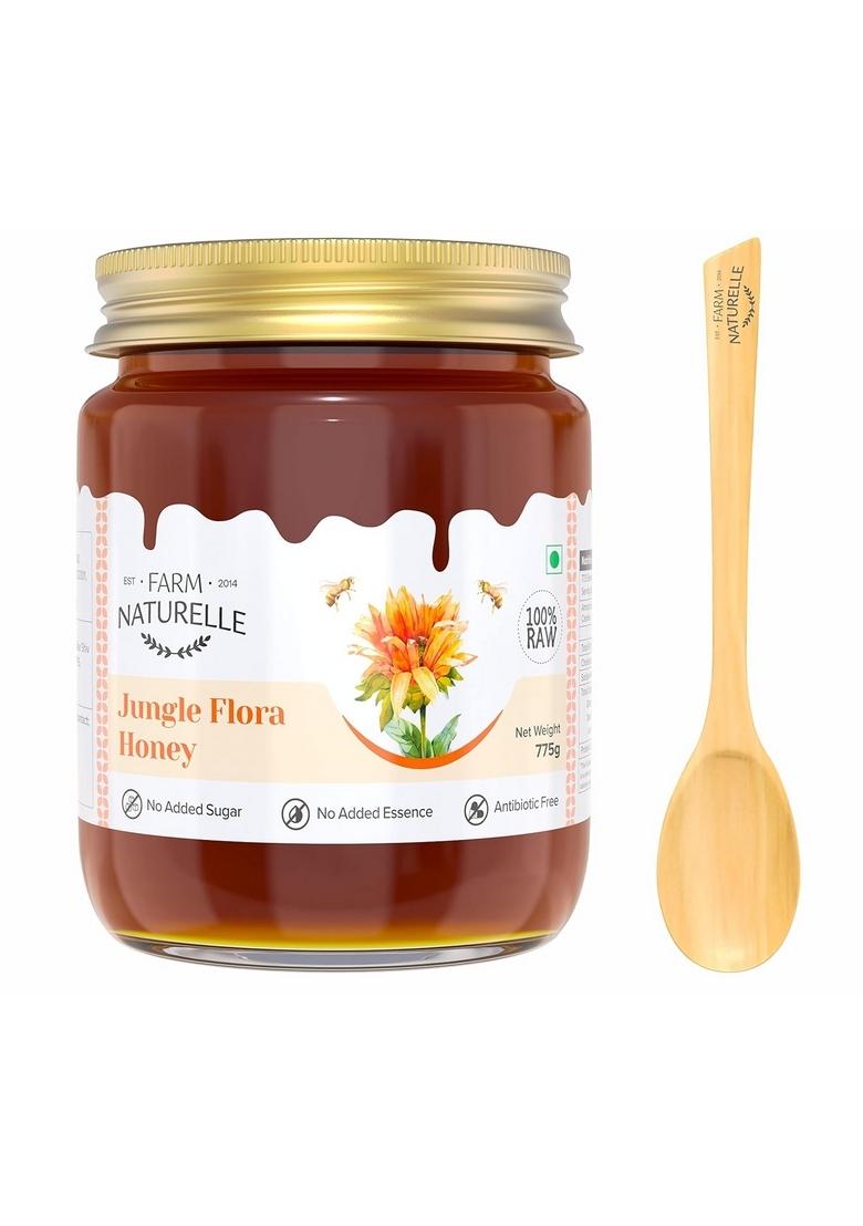 Farm Naturelle Naturelle-Jungle Flower Wild Forest Honey | 100% Pure |700G+75Gm Extra And A Wooden Spoon| Raw Natural Unprocessed Unheated Lab Tested Glass Bottle.