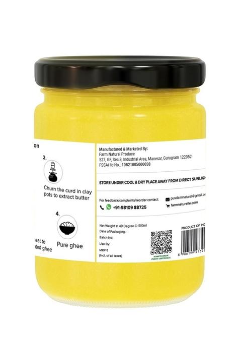 Farm Naturelle - A2 Desi Cow Ghee 500Ml | Bilona Method From Grass-Fed Sahiwal Cows Grainy Texture Keto Friendly Lab Tested Glass Jar + Wooden Spoon