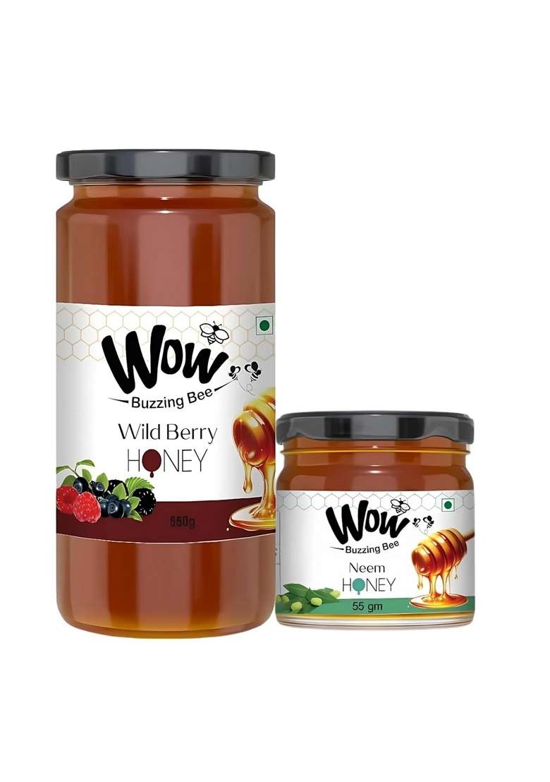 Wow Buzzing Bee - Raw Honey Wild Berry & Neem | Pack Of 2 (550G + 55G) 100% Pure, No Sugar Adulteration Natural Immunity Booster - Indya