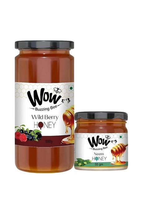 Wow Buzzing Bee - Raw Honey Wild Berry & Neem | Pack Of 2 (550G + 55G) 100% Pure, No Sugar Adulteration Natural Immunity Booster