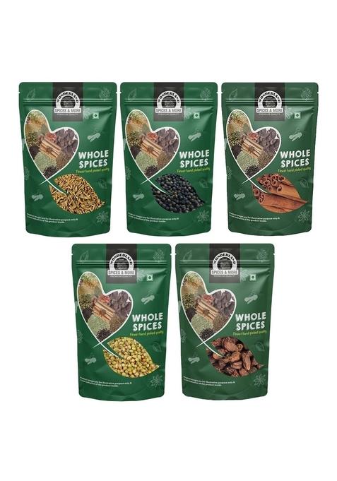 Wonderland Foods (Device) 500G (100G X 5) Whole Spices Premium Combo Of Cumin, Black Pepper, Cinnamon, Coriander & Cardamom