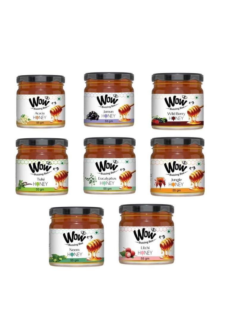 Wow Buzzing Bee - Raw Honey Pack Of 8| 100% Pure | Gift Hamper Idea Healthy Corporate Gifting Diwali Gifts Natural Unprocessed Wild Bees Sugar Free No Adulteration And Unheated Added Syrup (Pack 8 55Gm Each) - Indya