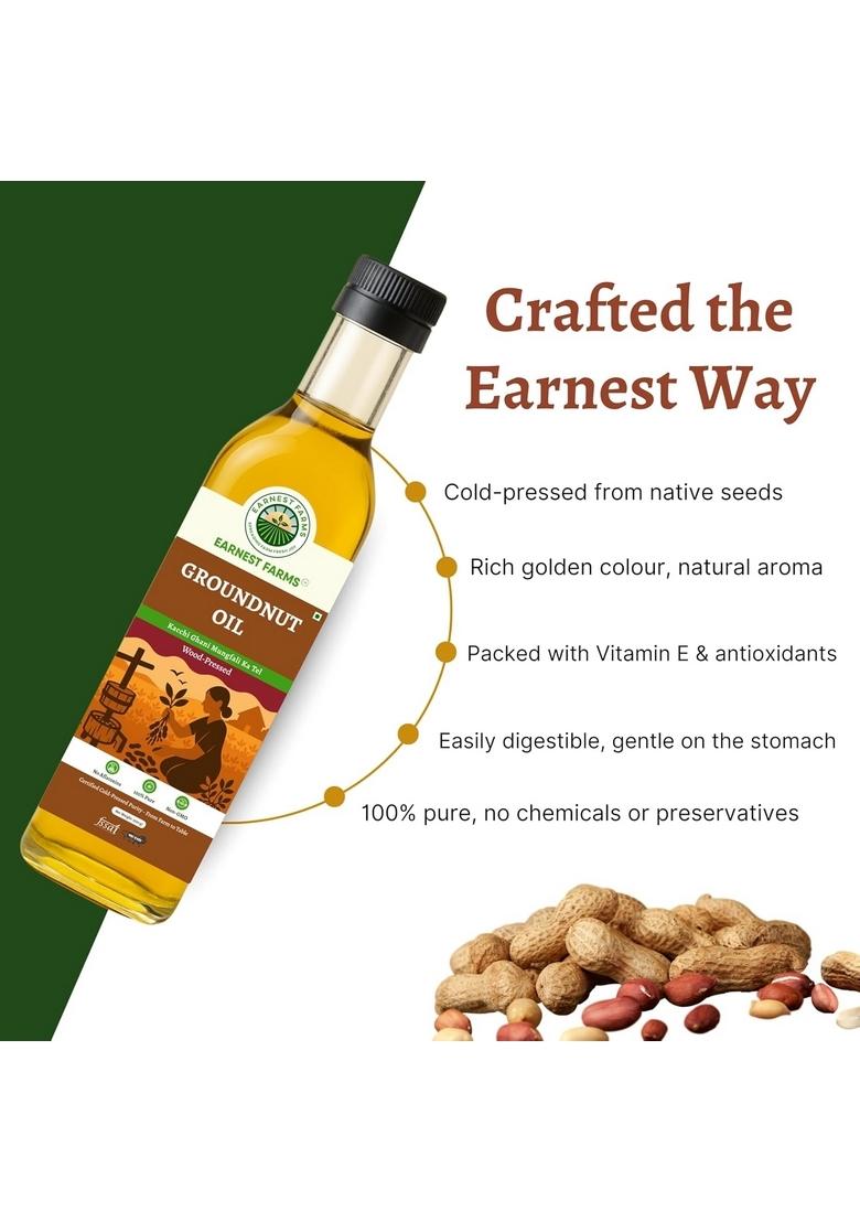 Earnest Farms Wood Pressed Groundnut Oil 500Ml | 100% Natural And Chemical Free Cold In Small Batches Peanut For Cooking Rich Vitamin E Antioxidants Ideal Everyday Indian Cooking, Deep Frying & Baking Heart-Healthy