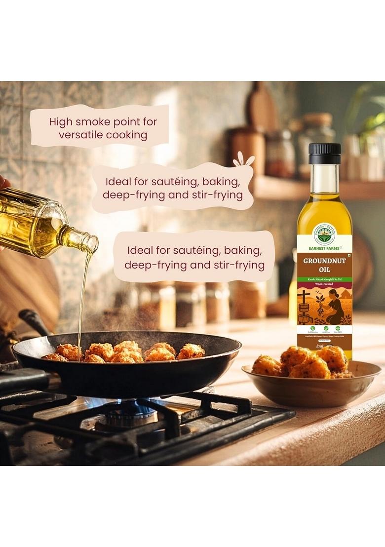 Earnest Farms Wood Pressed Groundnut Oil 500Ml | 100% Natural And Chemical Free Cold In Small Batches Peanut For Cooking Rich Vitamin E Antioxidants Ideal Everyday Indian Cooking, Deep Frying & Baking Heart-Healthy