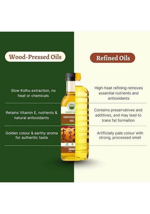 Earnest Farms Wood Pressed Groundnut Oil 500Ml | 100% Natural And Chemical Free Cold In Small Batches Peanut For Cooking Rich Vitamin E Antioxidants Ideal Everyday Indian Cooking, Deep Frying & Baking Heart-Healthy