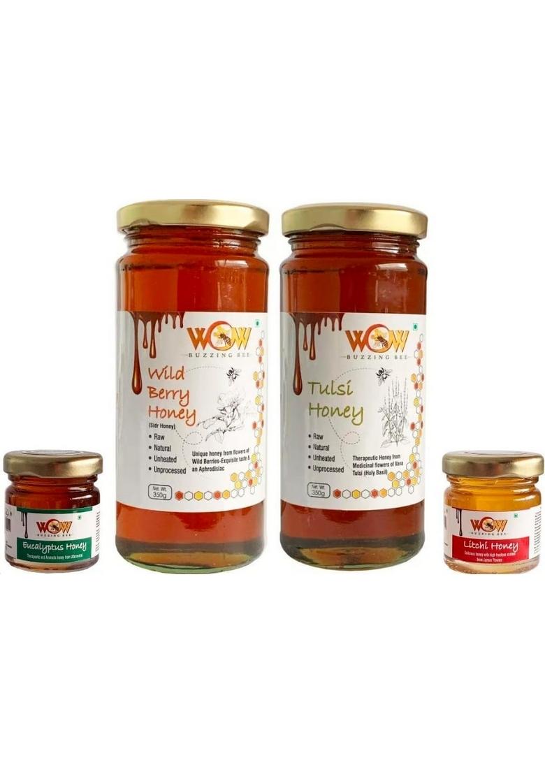 Wow Buzzing Bee Raw Honey, Pack Of 4 (2-350 Gr And 2-55 Gr) Tulsi Honey Neem Honey.
