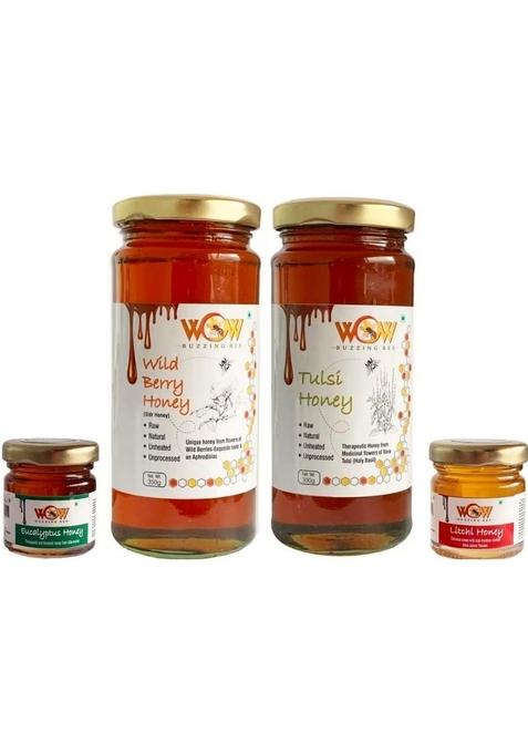Wow Buzzing Bee Raw Honey, Pack Of 4 (2-350 Gr And 2-55 Gr) Tulsi Honey Neem Honey.