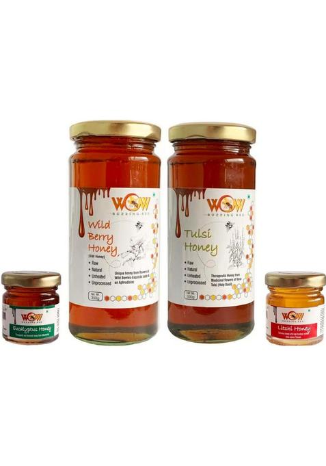 Wow Buzzing Bee Raw Honey, Pack Of 4 (2-350 Gr And 2-55 Gr) Tulsi Honey Neem Honey.