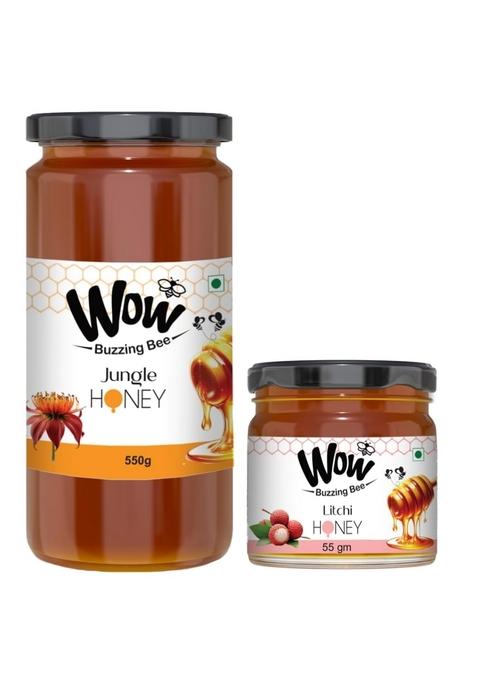 Wow Buzzing Bee Raw Honey - Jungle & Acacia (550G) | 100% Raw, Pure Natural Unprocessed Unpasteurized Value Pack With Litchi (55G)