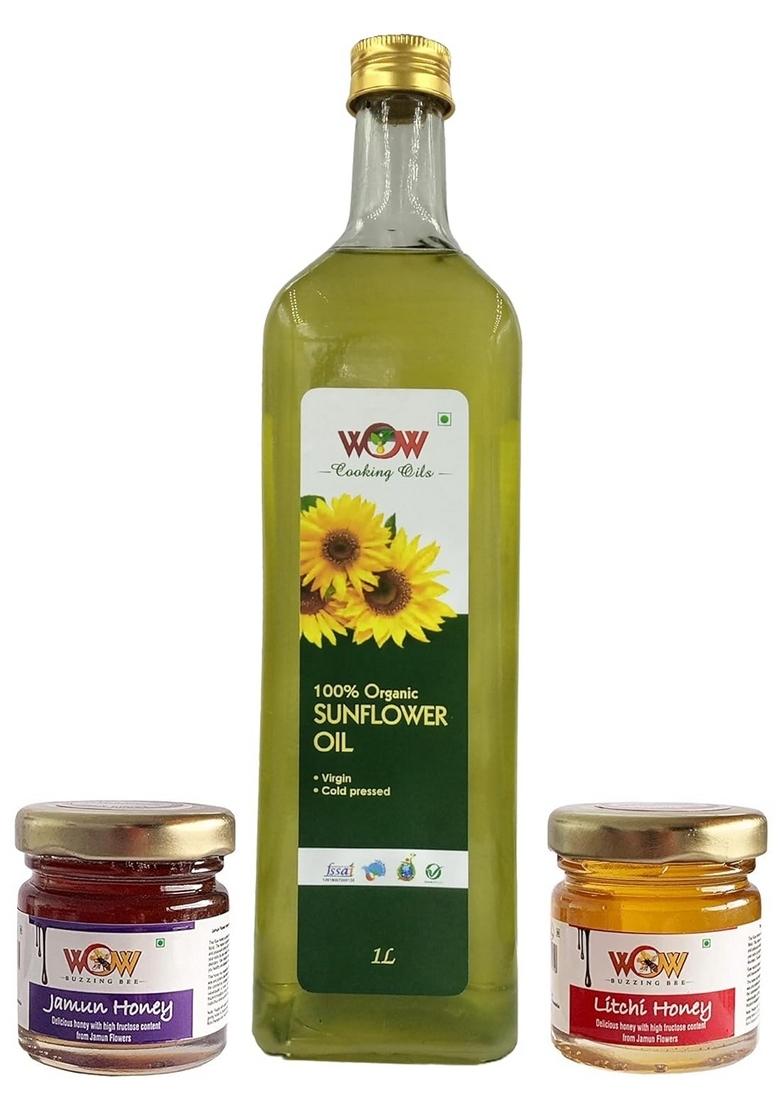 Wow Cooking Oils Certified Organic Virgin Cold Pressed Sunflower Oil 1000 Ml (1 Ltr -Glass Bottle) With Free 2 Varieties Of Raw Forest Honey (2X55G)
