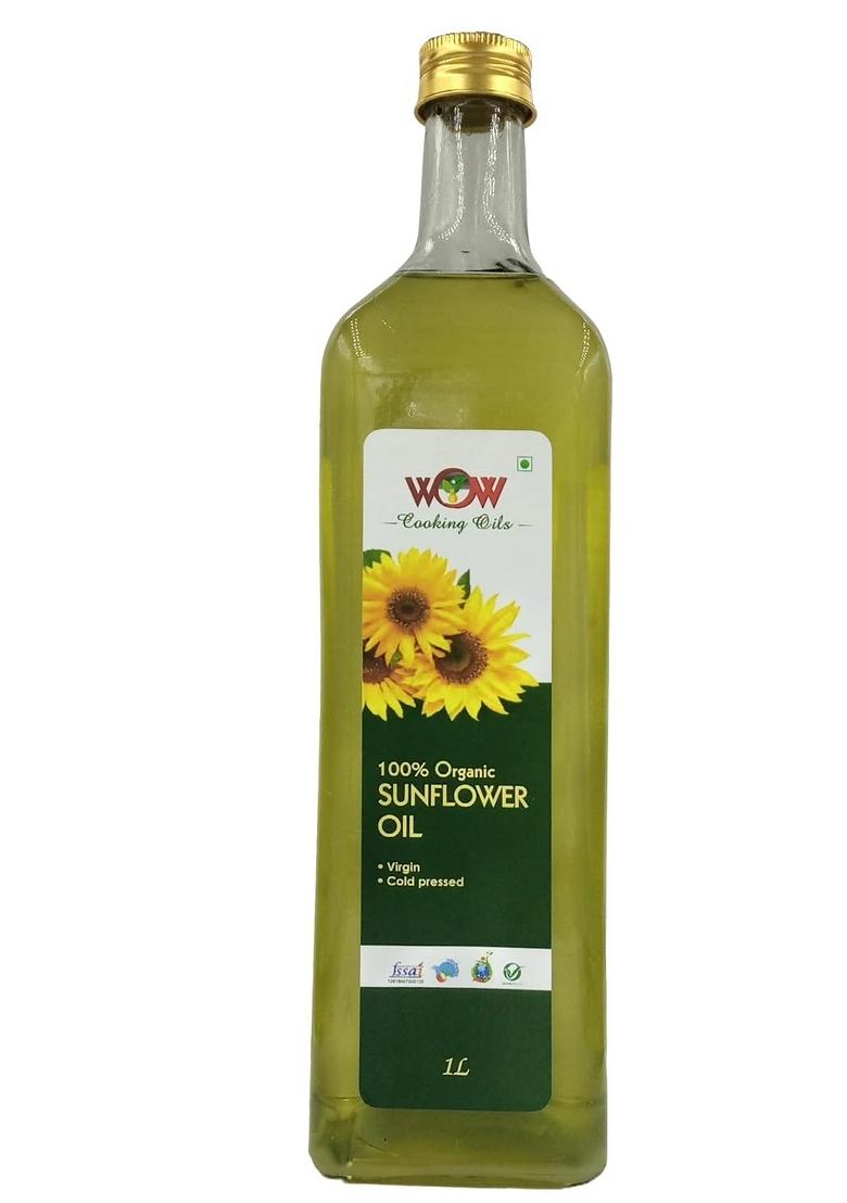 Wow Cooking Oils Certified Organic Virgin Cold Pressed Sunflower Oil 1000 Ml (1 Ltr -Glass Bottle) With Free 2 Varieties Of Raw Forest Honey (2X55G)