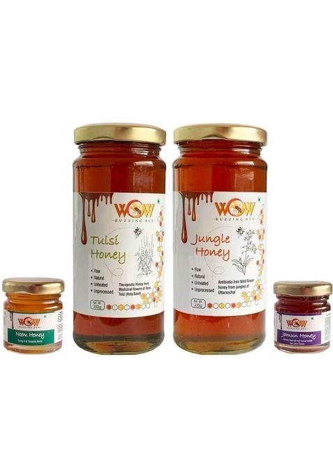 Wow Buzzing Bee Raw Honey - Tulsi & Jungle, Pack Of 2 (1-350 Gr And 1-55 Gr)