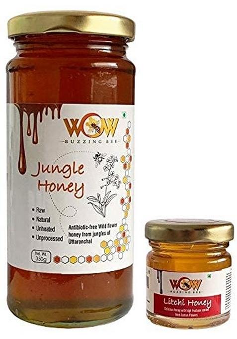 Wow Buzzing Bee Raw Honey - Jungle & Litchi, Pack Of 2 (1-350 Gr And 1-55 Gr)
