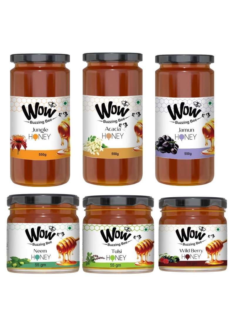 Wow Buzzing Bee Raw Honey | Pack Of 6 (3 X 550G Jungle, Acacia, Jamun Honey) & 55G Neem, Tulsi, Wild 100% Pure, Natural, Unprocessed Unpasteurized - Indya