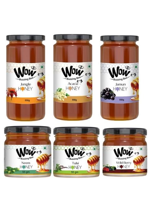 Wow Buzzing Bee Raw Honey | Pack Of 6 (3 X 550G Jungle, Acacia, Jamun Honey) & 55G Neem, Tulsi, Wild 100% Pure, Natural, Unprocessed Unpasteurized