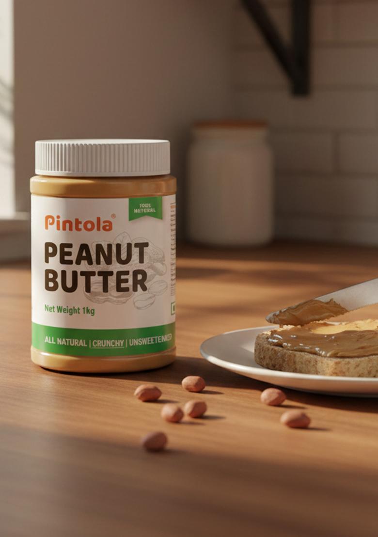 Pintola All Natural Peanut Butter Crunchy 1Kg | Smooth, Unsweetened 30G Protein Gluten & Cholesterol Free, Vegan Butter, Nut High In Spread, 100% Pure Roasted Peanuts