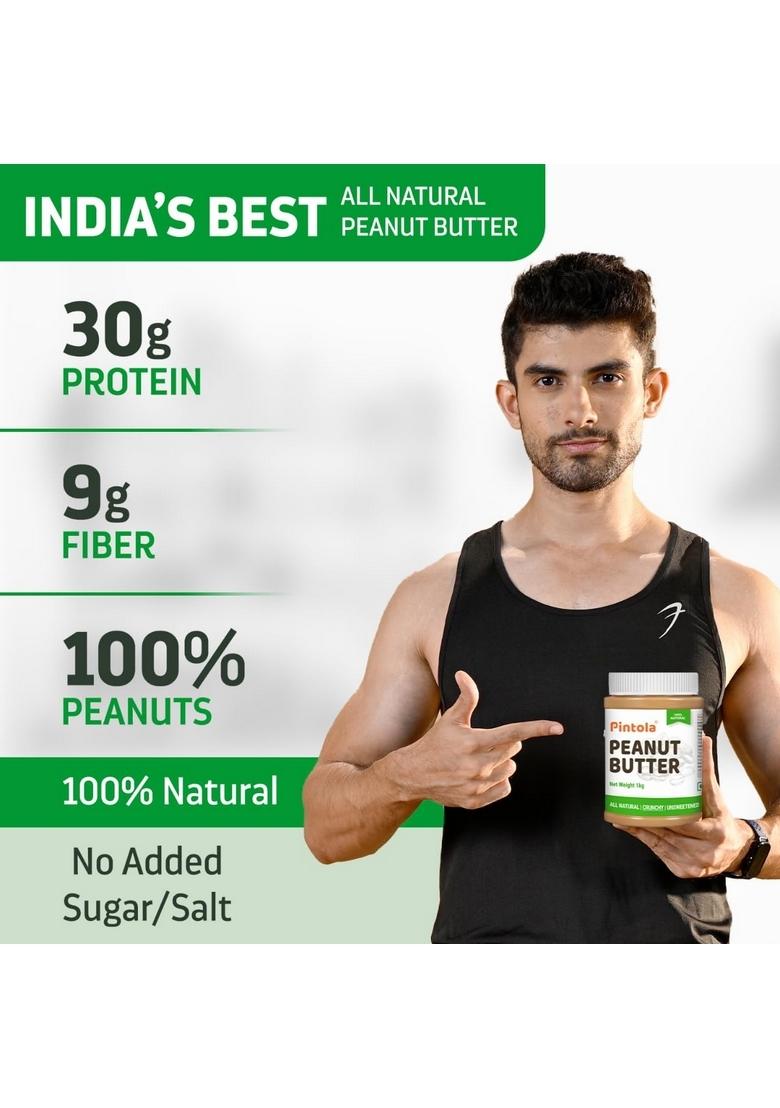 Pintola All Natural Peanut Butter Crunchy 1Kg | Smooth, Unsweetened 30G Protein Gluten & Cholesterol Free, Vegan Butter, Nut High In Spread, 100% Pure Roasted Peanuts