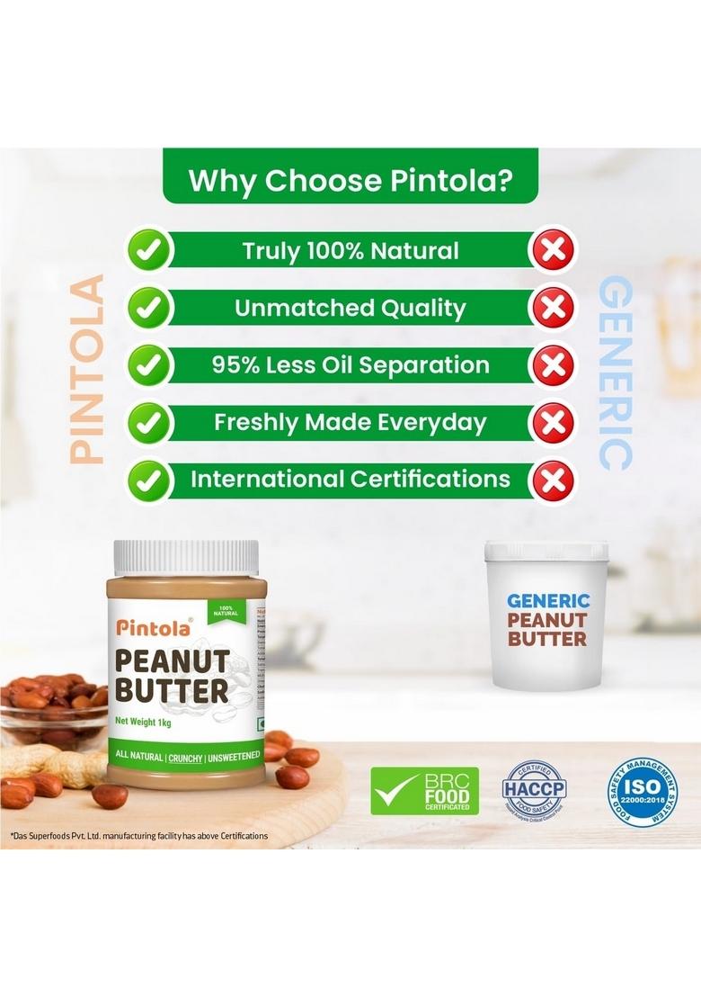 Pintola All Natural Peanut Butter Crunchy 1Kg | Smooth, Unsweetened 30G Protein Gluten & Cholesterol Free, Vegan Butter, Nut High In Spread, 100% Pure Roasted Peanuts