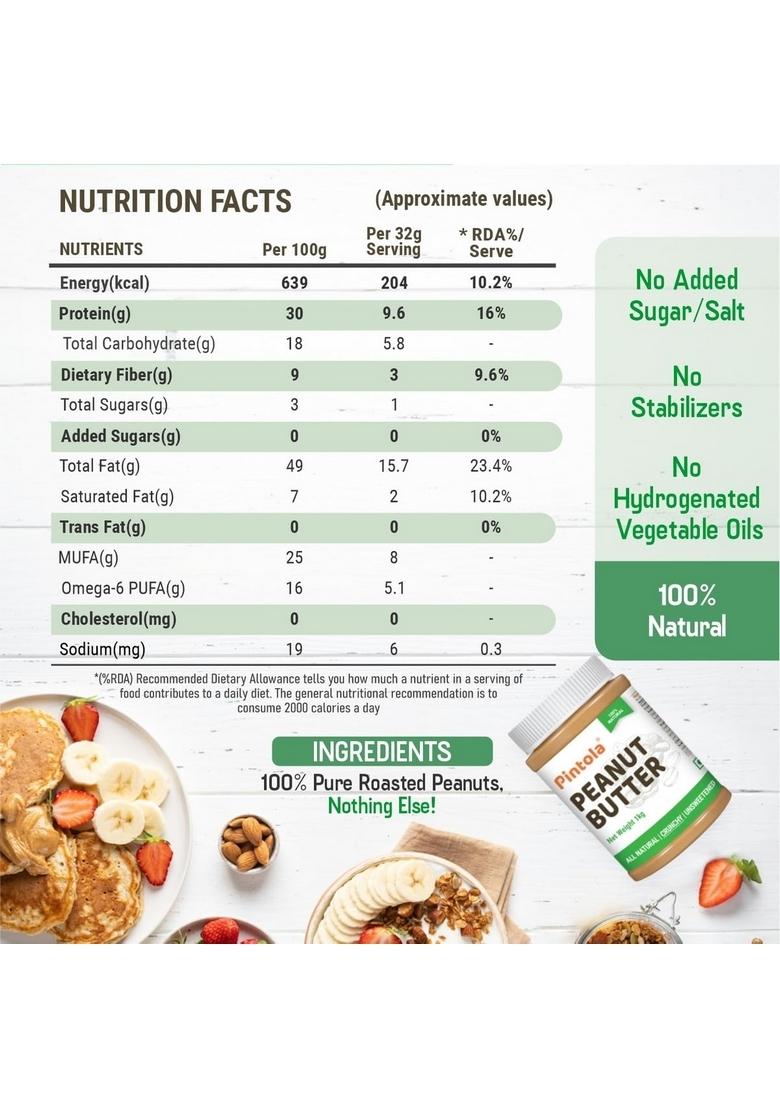 Pintola All Natural Peanut Butter Crunchy 1Kg | Smooth, Unsweetened 30G Protein Gluten & Cholesterol Free, Vegan Butter, Nut High In Spread, 100% Pure Roasted Peanuts