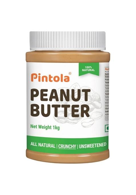 Pintola All Natural Peanut Butter Crunchy 1Kg | Smooth, Unsweetened 30G Protein Gluten & Cholesterol Free, Vegan Butter, Nut High In Spread, 100% Pure Roasted Peanuts