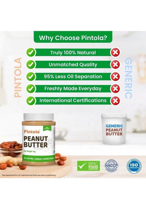 Pintola All Natural Peanut Butter Crunchy 1Kg | Smooth, Unsweetened 30G Protein Gluten & Cholesterol Free, Vegan Butter, Nut High In Spread, 100% Pure Roasted Peanuts