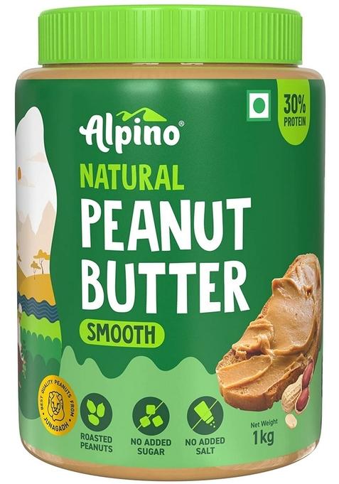 Alpino Natural Peanut Butter Smooth 1Kg – Unsweetened, 100% Roasted Peanuts - 30% Protein, Source Of Healthy Fats, No Added Sugar & Salt
