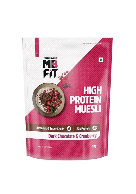 Muscleblaze Fit High Protein Muesli (1Kg, Dark Chocolate & Cranberry) | 22G With Raisins, Almonds Super Seeds,High Breakfast Cereals