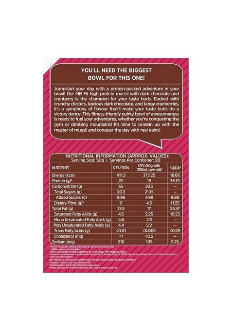 Muscleblaze Fit High Protein Muesli (1Kg, Dark Chocolate & Cranberry) | 22G With Raisins, Almonds Super Seeds,High Breakfast Cereals