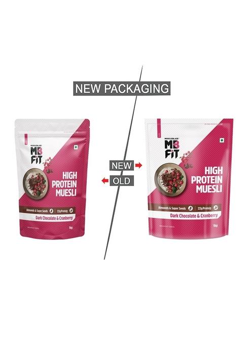 Muscleblaze Fit High Protein Muesli (1Kg, Dark Chocolate & Cranberry) | 22G With Raisins, Almonds Super Seeds,High Breakfast Cereals