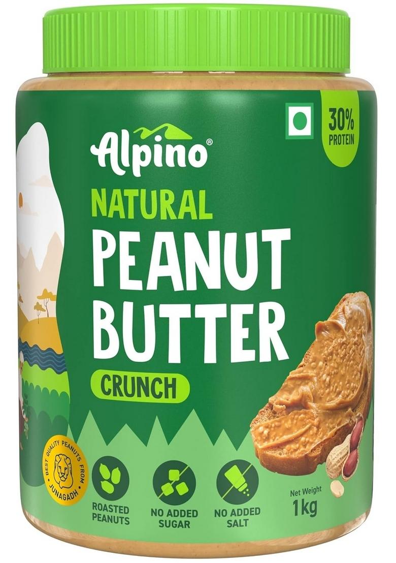 Alpino Natural Peanut Butter Crunch 1Kg – Unsweetened, 100% Roasted Peanuts
