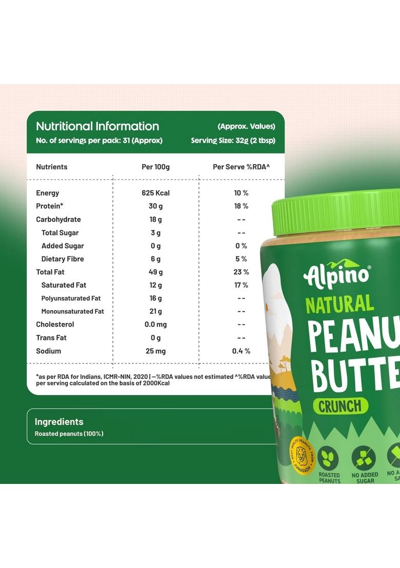 Alpino Natural Peanut Butter Crunch 1Kg – Unsweetened, 100% Roasted Peanuts