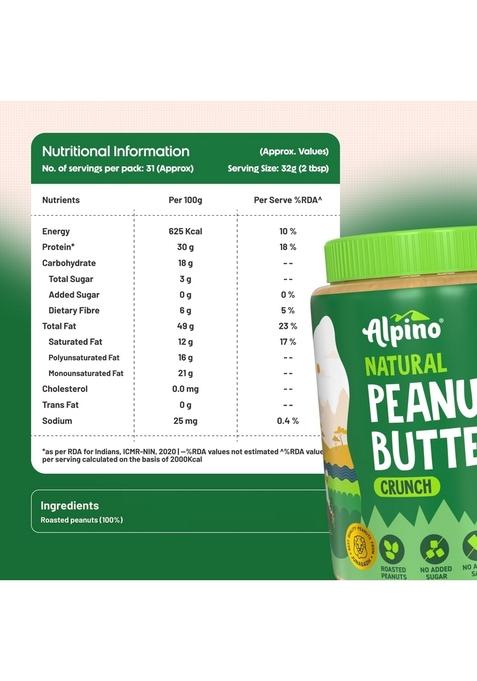Alpino Natural Peanut Butter Crunch 1Kg – Unsweetened, 100% Roasted Peanuts