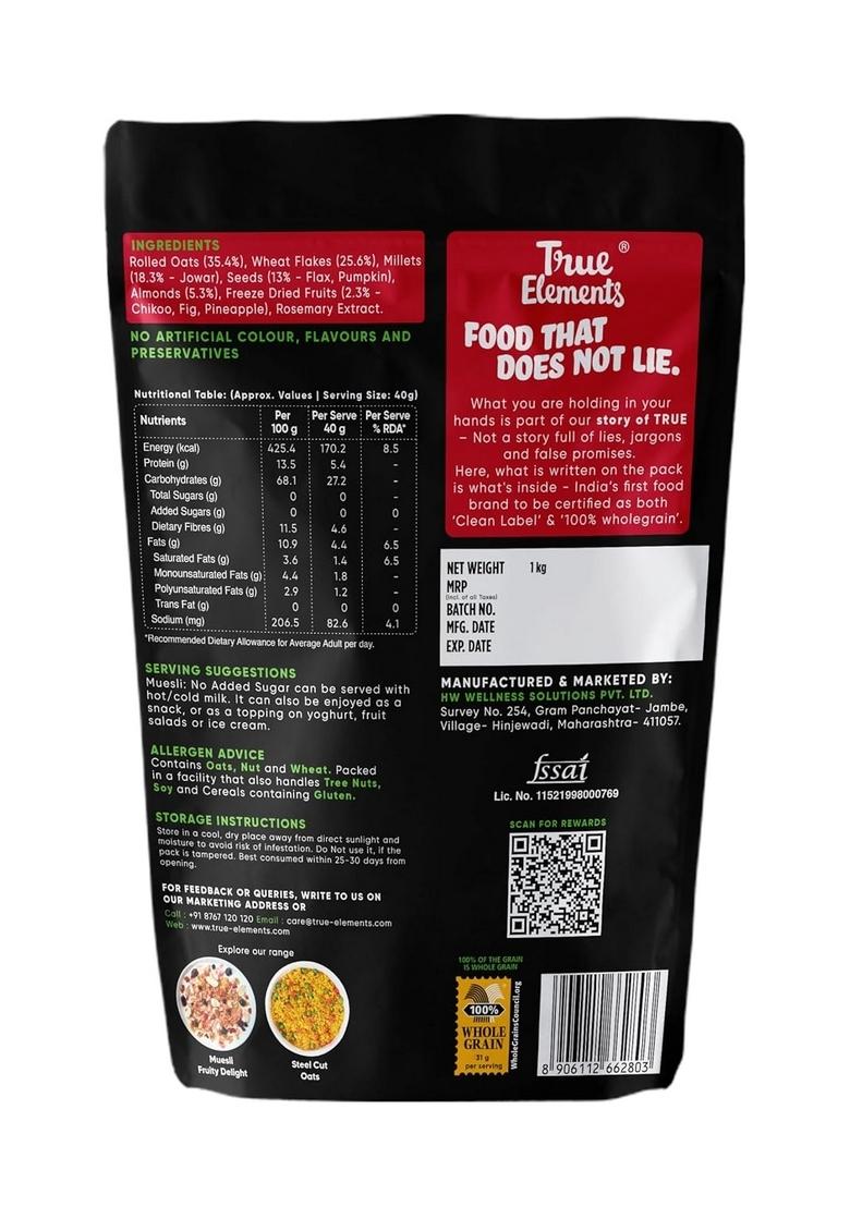 True Elements Muesli No Added Sugar 1 Kg | Free Cereal Diet Food Healthy And Quick Breakfast Malt Extract, Malitol, Sweeteners Or Flavourings Oats, Wheat Flakes & Jowar Crunchy Almonds, Seeds Freeze Dried Fruits 13G Clean Protein