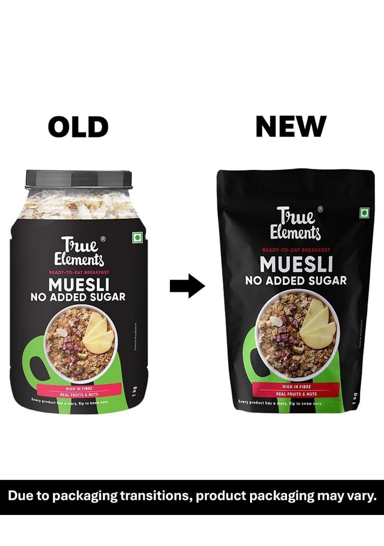 True Elements Muesli No Added Sugar 1 Kg | Free Cereal Diet Food Healthy And Quick Breakfast Malt Extract, Malitol, Sweeteners Or Flavourings Oats, Wheat Flakes & Jowar Crunchy Almonds, Seeds Freeze Dried Fruits 13G Clean Protein