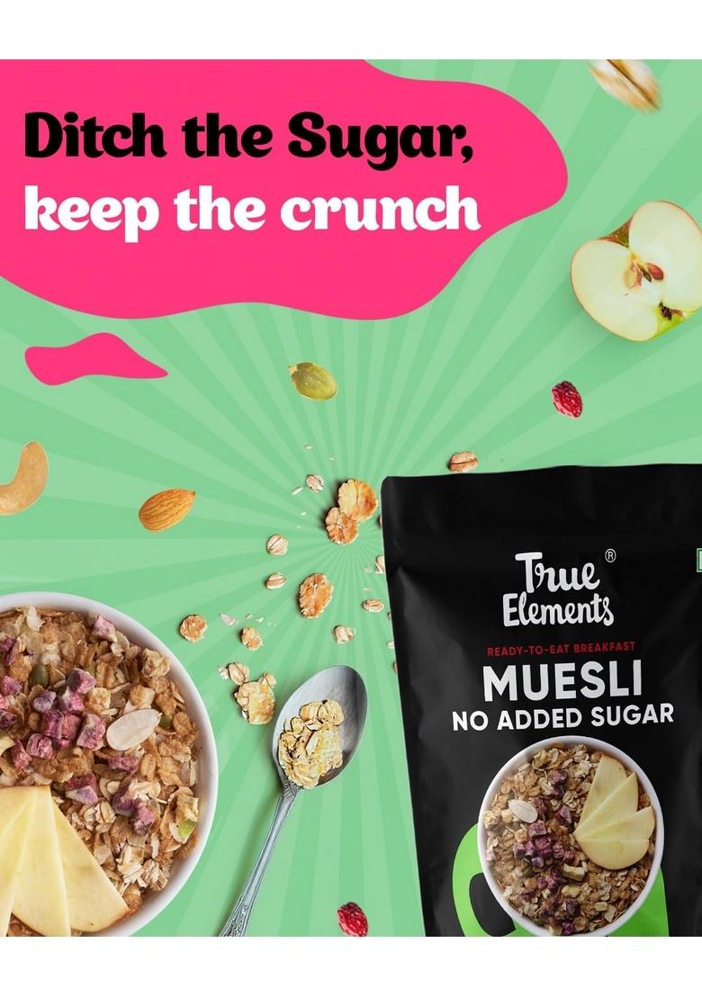 True Elements Muesli No Added Sugar 1 Kg | Free Cereal Diet Food Healthy And Quick Breakfast Malt Extract, Malitol, Sweeteners Or Flavourings Oats, Wheat Flakes & Jowar Crunchy Almonds, Seeds Freeze Dried Fruits 13G Clean Protein