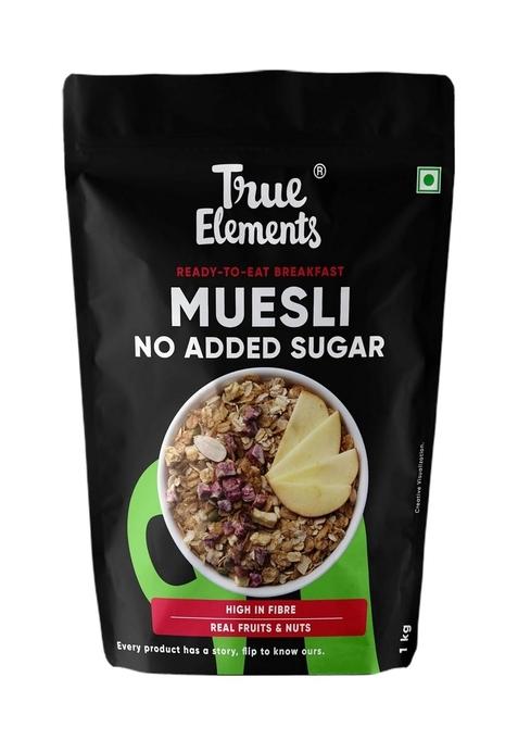 True Elements Muesli No Added Sugar 1 Kg | Free Cereal Diet Food Healthy And Quick Breakfast Malt Extract, Malitol, Sweeteners Or Flavourings Oats, Wheat Flakes & Jowar Crunchy Almonds, Seeds Freeze Dried Fruits 13G Clean Protein