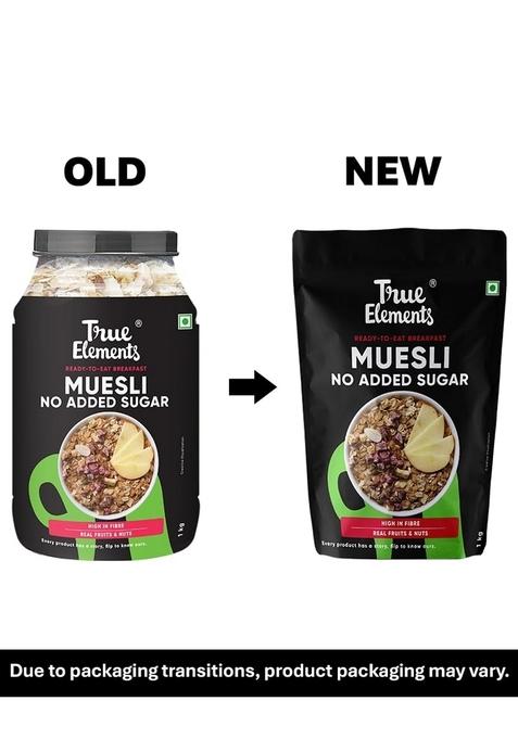 True Elements Muesli No Added Sugar 1 Kg | Free Cereal Diet Food Healthy And Quick Breakfast Malt Extract, Malitol, Sweeteners Or Flavourings Oats, Wheat Flakes & Jowar Crunchy Almonds, Seeds Freeze Dried Fruits 13G Clean Protein