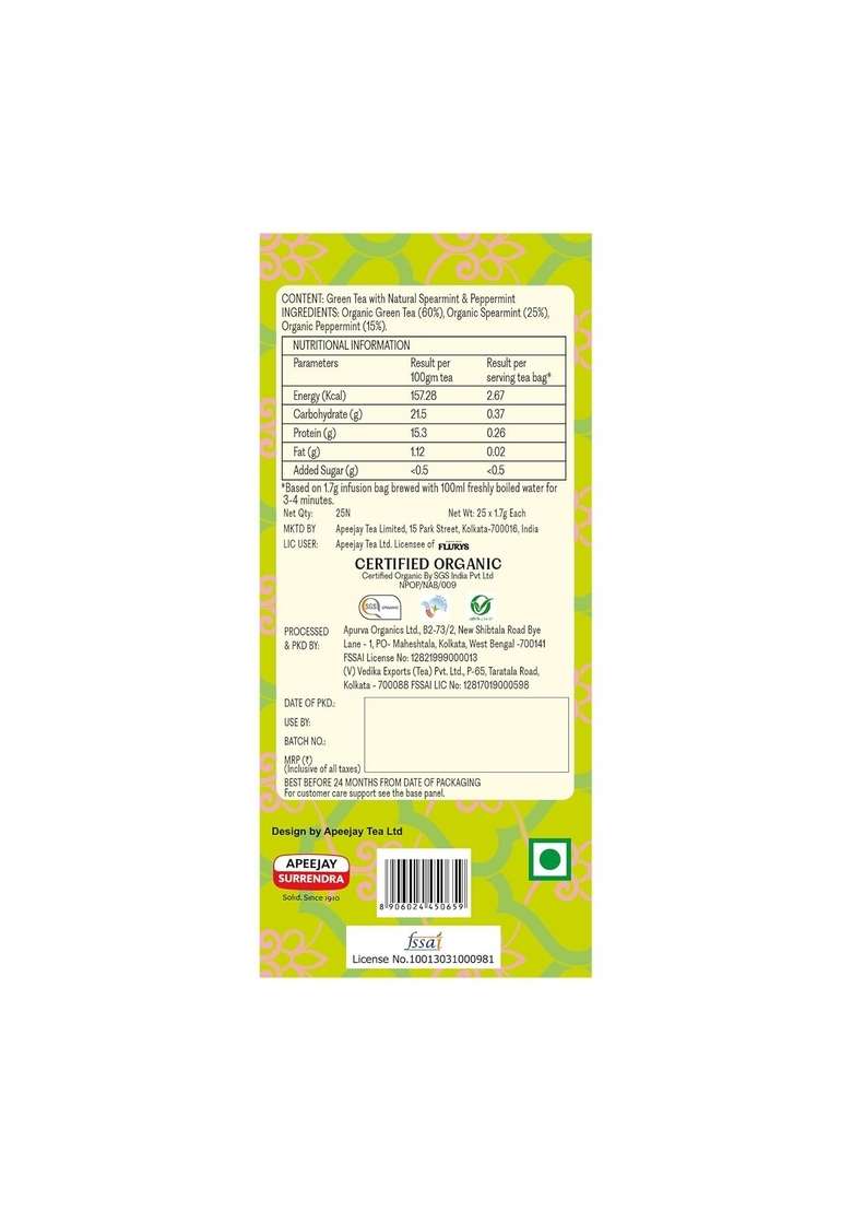 Ty-Phoo Flurys Green Refreshing Organic Moroccan Mint 25 Tea Bags,42.5 Grams,Green - Indya