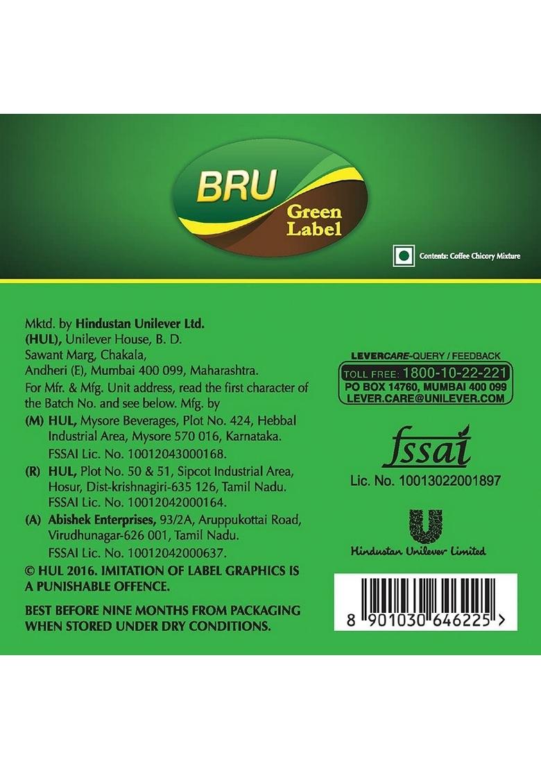 Bru Green Label Filter Coffee Powder 500 Gram Bag, Lightly Roasted Ground Beans From South India