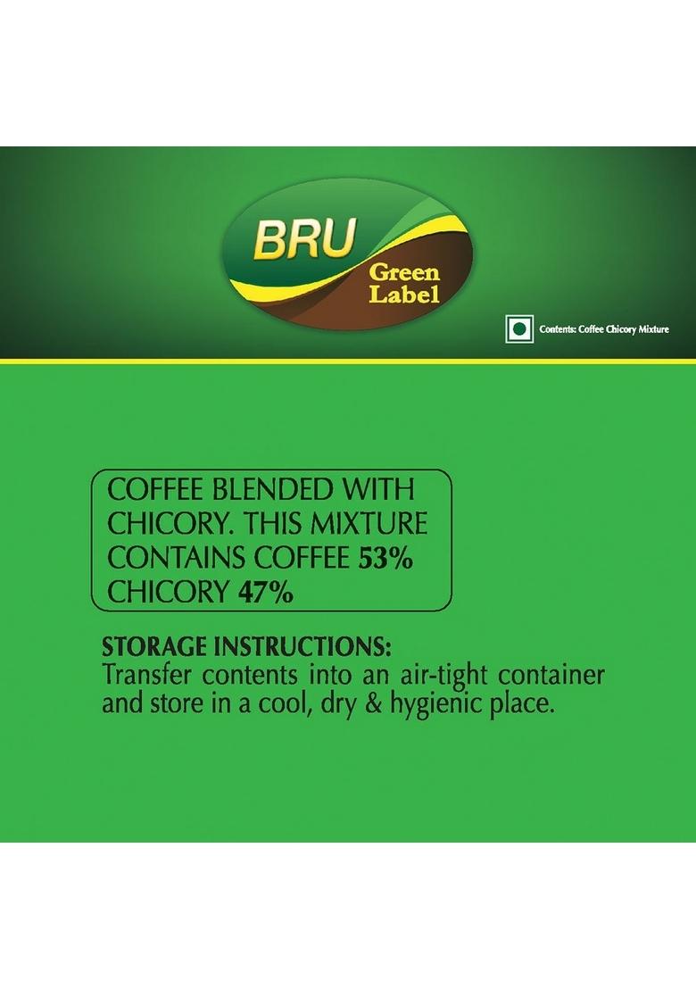 Bru Green Label Filter Coffee Powder 500 Gram Bag, Lightly Roasted Ground Beans From South India