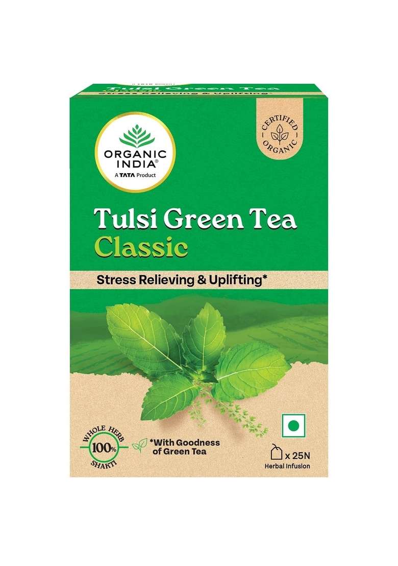 Organic India A Tata Product - Tulsi Green Tea Classic 25 Bags, Uplifts Mood, Rich In Antioxidants, Blend Of Rama, Krishna & Vana Tulsi, Certified - Indya