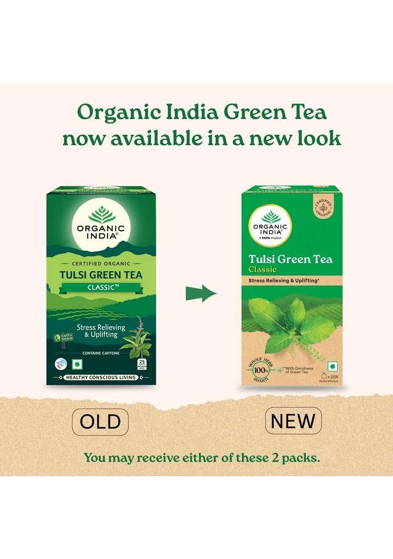 Organic India A Tata Product - Tulsi Green Tea Classic 25 Bags, Uplifts Mood, Rich In Antioxidants, Blend Of Rama, Krishna & Vana Tulsi, Certified - Indya