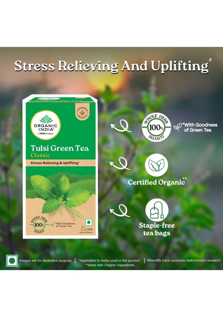 Organic India A Tata Product - Tulsi Green Tea Classic 25 Bags, Uplifts Mood, Rich In Antioxidants, Blend Of Rama, Krishna & Vana Tulsi, Certified - Indya