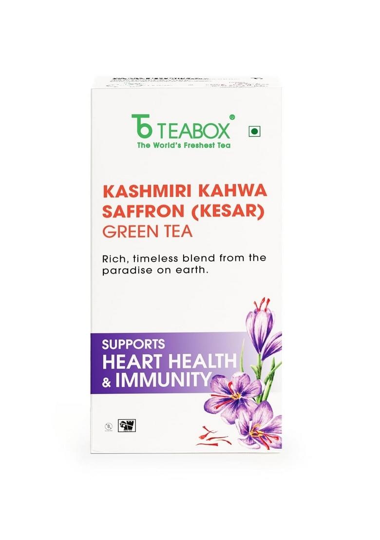 Teabox Fresh Kashmiri Kahwa Saffron (Kesar) Green Tea | 25 Teabags Handblended With Natural Saffron, Almond, Cardamom & Cloves Ingredients