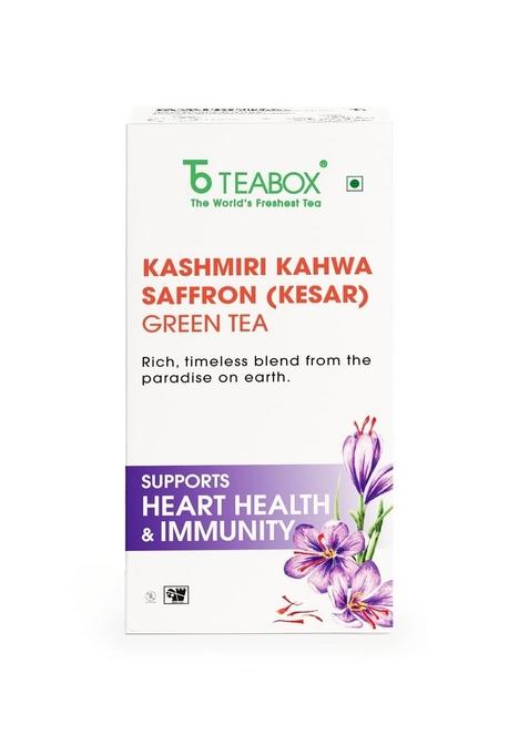 Teabox Fresh Kashmiri Kahwa Saffron (Kesar) Green Tea | 25 Teabags Handblended With Natural Saffron, Almond, Cardamom & Cloves Ingredients
